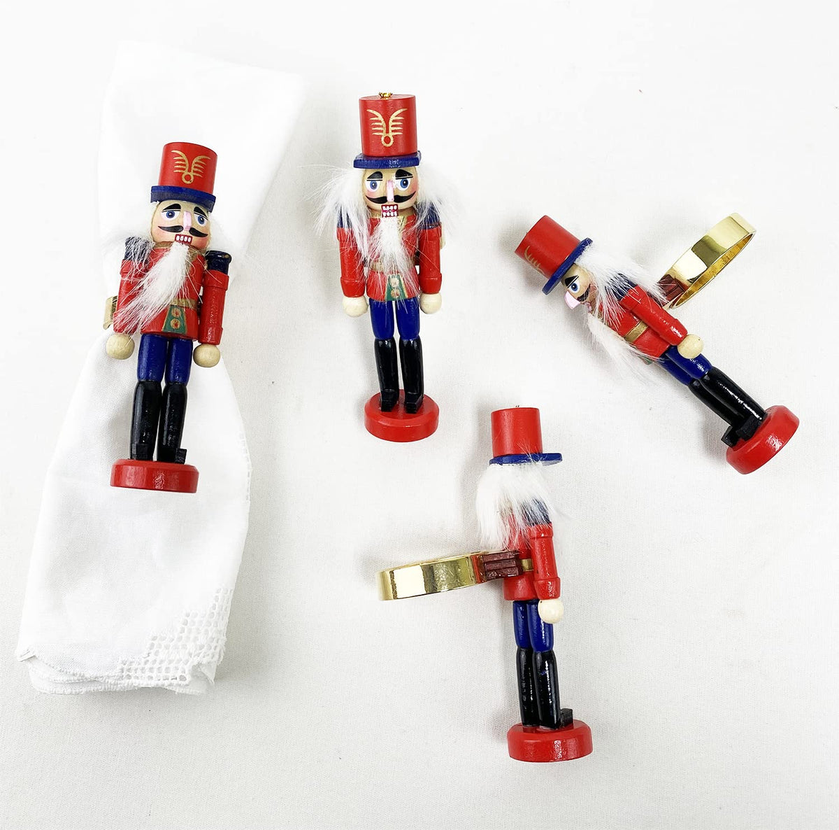 Fennco Styles Handmade Wooden Nutcracker Decorative Napkin Rings, Set of 4 - Festive Soldier Napkin Holders for Dining Table, Christmas, Holidays Décor and Special Occasions