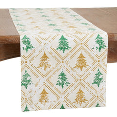 Fennco Styles Christmas Trees Cotton Table Runner 14" W x 72" L - Gold & Green Winter Tree Table Cover for Home, Dining Room, Holiday Décor, Banquets and Special Events