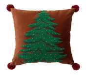 Fennco Styles Embroidered Christmas Tree Pom Pom Throw Pillow Cover 18" W x 18" L - Green Festive Cushion Case for Home, Christmas, Winter Holidays Décor, and Special Occasions