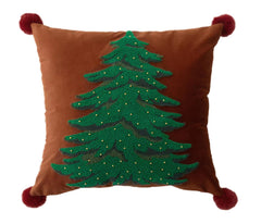 Fennco Styles Embroidered Christmas Tree Pom Pom Throw Pillow Cover 18" W x 18" L - Green Festive Cushion Case for Home, Christmas, Winter Holidays Décor, and Special Occasions
