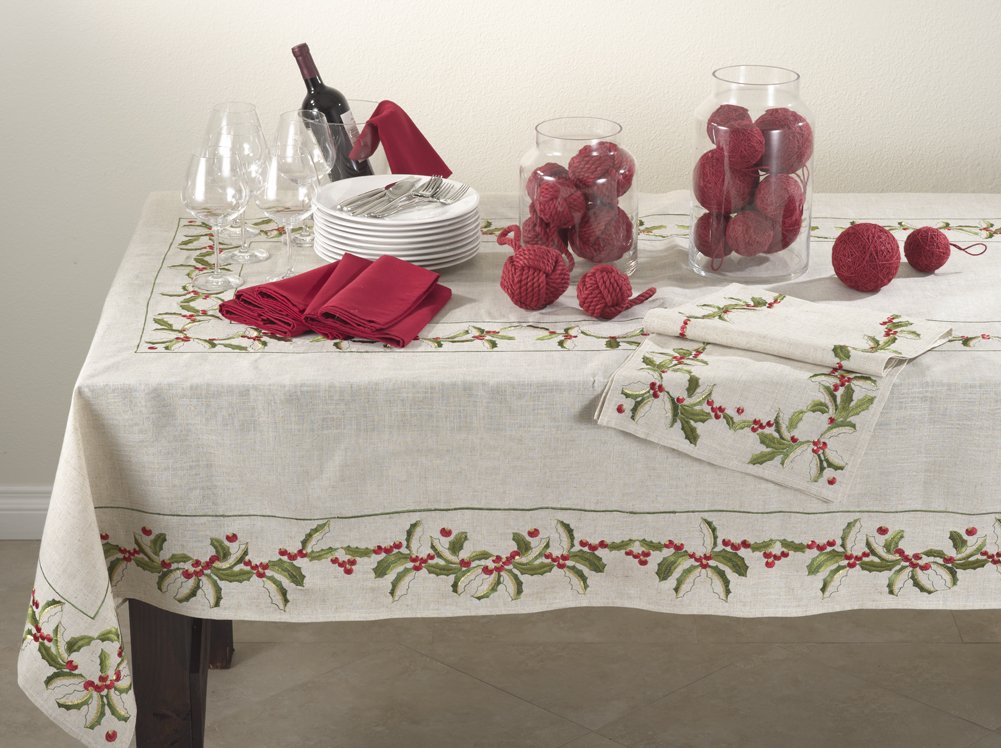 Fennco Styles Embroidered Holly Design Christmas Linen Blend Tablecloth - Natural Table Cover for Home Décor, Banquets, Holiday Gathering and Special Events