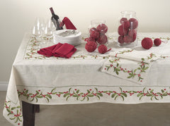 Fennco Styles Embroidered Holly Design Christmas Linen Blend Tablecloth - Natural Table Cover for Home Décor, Banquets, Holiday Gathering and Special Events