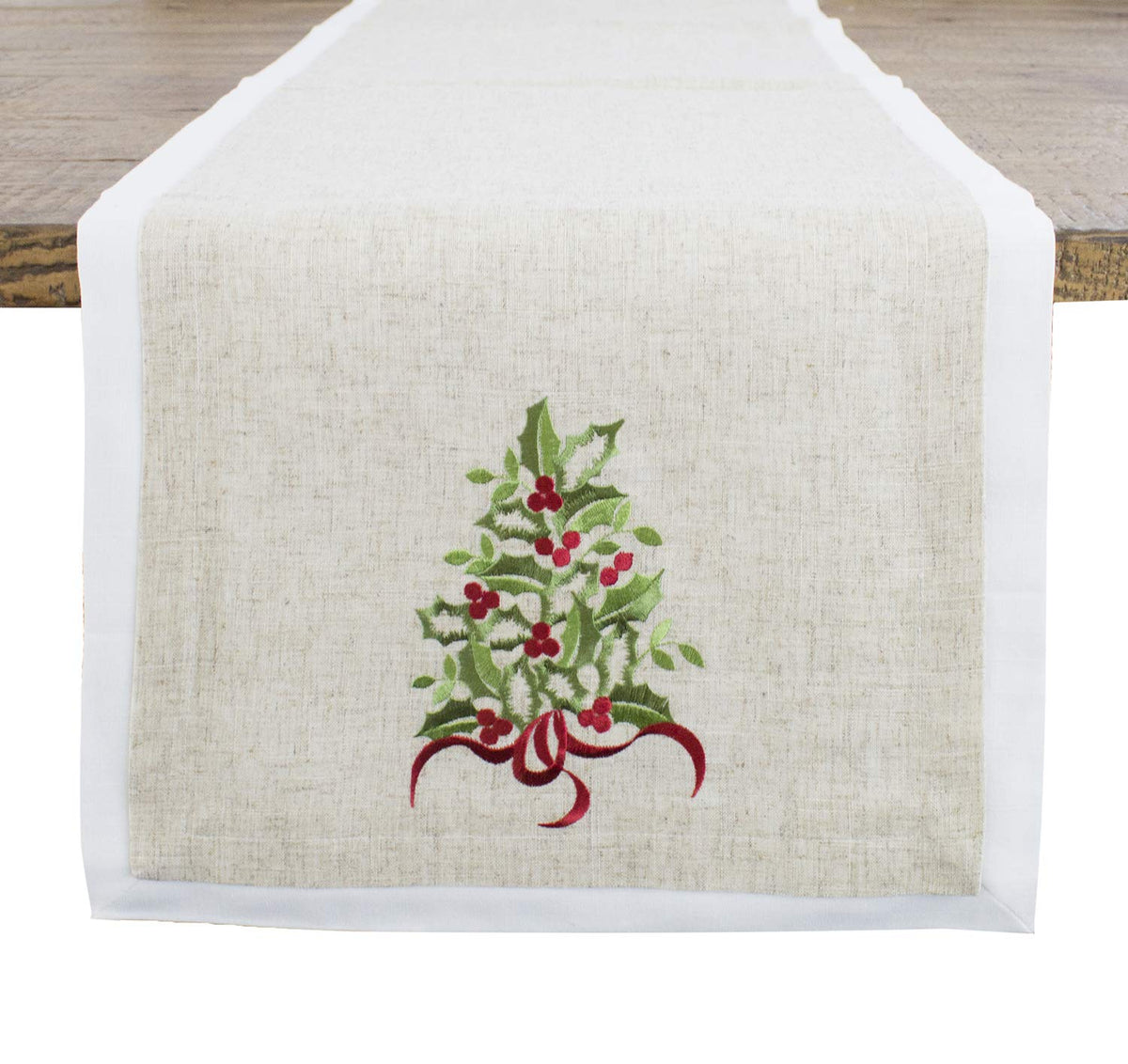 Fennco Styles Embroidered Holly Christmas Tree Double-Layer Holiday Tablecloth