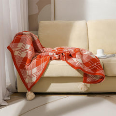Fall Plaid Knit Throw Blanket with Tassel 50" W x 60" L – Orange Geometric Pattern Lightweight Blanket for Indoor Outdoor, Couch, Bedroom, Living Room and Office Décor