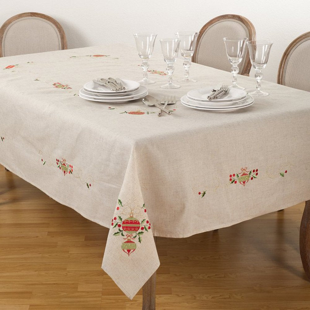 Fennco Styles Embroidered Christmas Tree Design Holiday Linen Blend Tablecloth 67" W x 120" L