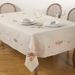 Fennco Styles Embroidered Christmas Tree Design Holiday Linen Blend Tablecloth 67" W x 120" L
