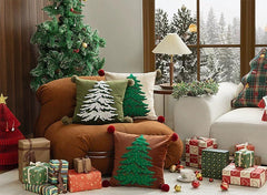 Fennco Styles Embroidered Christmas Tree Pom Pom Throw Pillow Cover 18" W x 18" L - Green Festive Cushion Case for Home, Christmas, Winter Holidays Décor, and Special Occasions