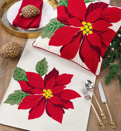 Fennco Styles Classic Holiday Embroidered Poinsettia Table Runner, 16"X72" Rectangular