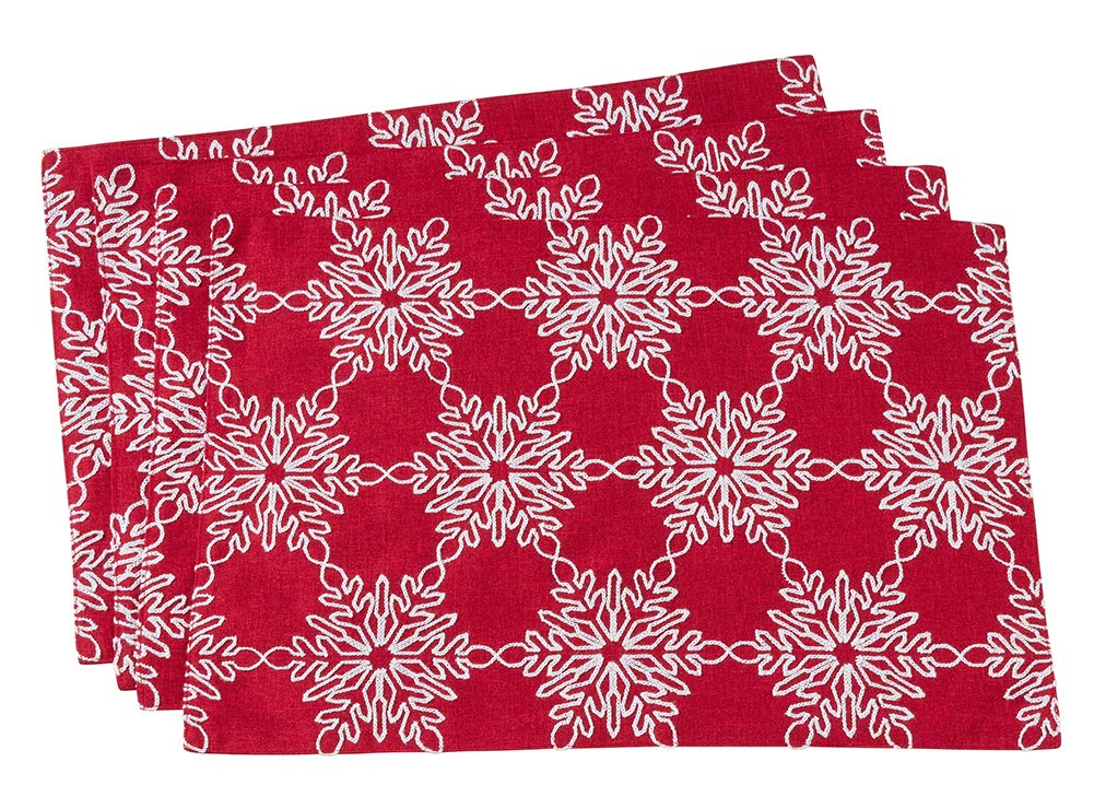Fennco Styles Holiday White Snowflake Design Red Table Linen Collection