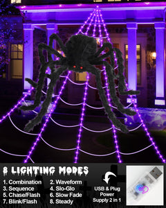 ECOHDT Brighter Spider Webs Halloween Lights 250 Purple LED 16.4Ft 8 Modes