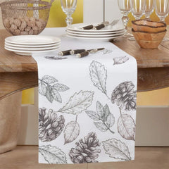 Fennco Styles Delicate Fall Leaf Pinecone Decorative Table Runner 16" W x 70" L - White Autumn Table Cover for Dining Table, Banquets, Special Events and Home Décor