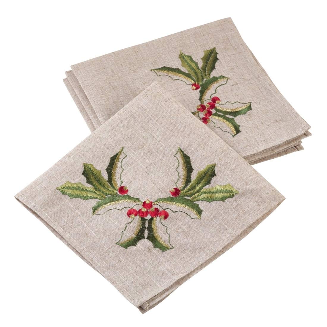 Fennco Styles Embroidered Holly Design Christmas Linen Blend Tablecloth - Natural Table Cover for Home Décor, Banquets, Holiday Gathering and Special Events