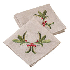 Fennco Styles Embroidered Holly Design Christmas Linen Blend Tablecloth - Natural Table Cover for Home Décor, Banquets, Holiday Gathering and Special Events