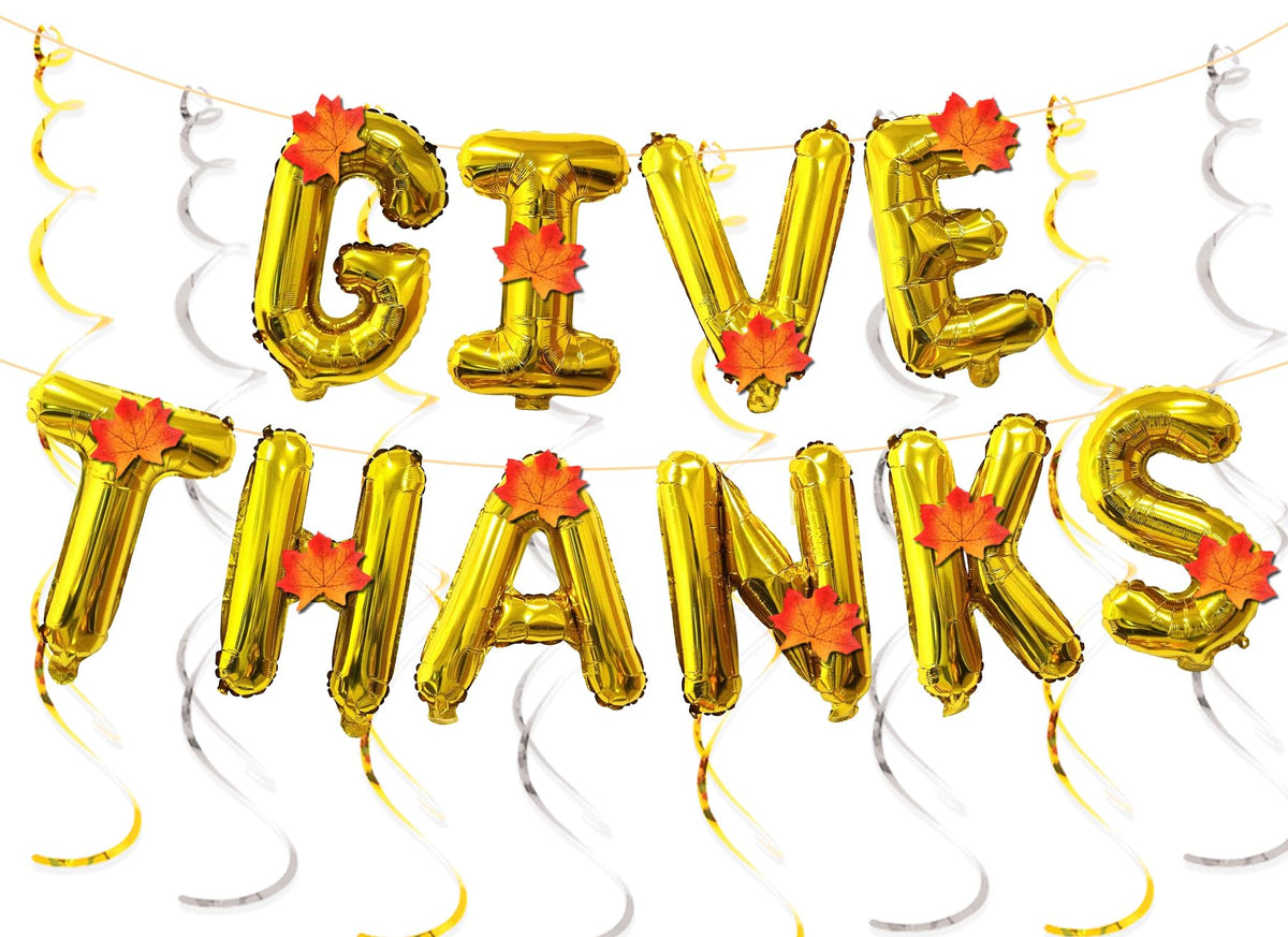 Give Thanks Banner Balloons 16in Gold Thanksgiving Party Decor Maple Leaf