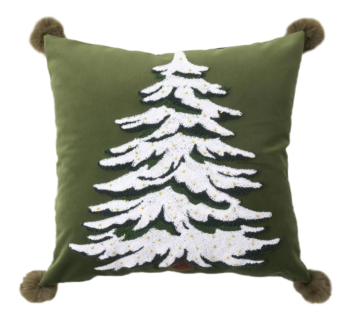 Fennco Styles Embroidered Christmas Tree Pom Pom Throw Pillow Cover 18" W x 18" L - Green Festive Cushion Case for Home, Christmas, Winter Holidays Décor, and Special Occasions