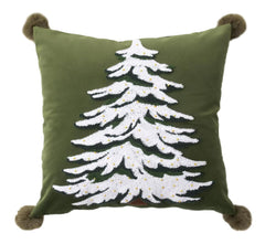 Fennco Styles Embroidered Christmas Tree Pom Pom Throw Pillow Cover 18" W x 18" L - Green Festive Cushion Case for Home, Christmas, Winter Holidays Décor, and Special Occasions
