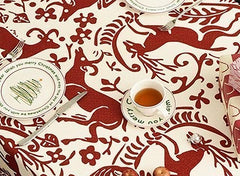 Fennco Styles Red Deer and Floral Pom Pom Christmas Tablecloth - Cotton Blend Festive Table Cover for Winter Holidays, Banquets, Family Gatherings and Special Occasions