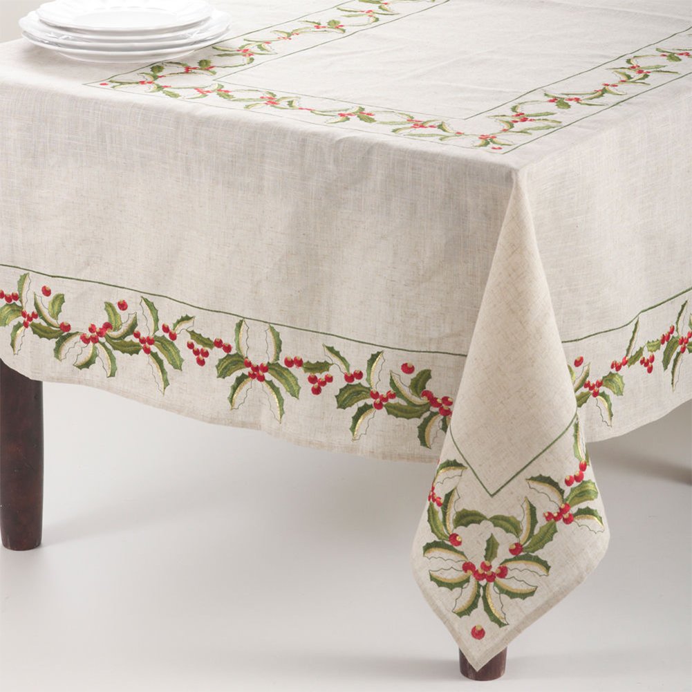 Fennco Styles Embroidered Holly Design Christmas Linen Blend Tablecloth - Natural Table Cover for Home Décor, Banquets, Holiday Gathering and Special Events