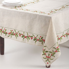 Fennco Styles Embroidered Holly Design Christmas Linen Blend Tablecloth - Natural Table Cover for Home Décor, Banquets, Holiday Gathering and Special Events