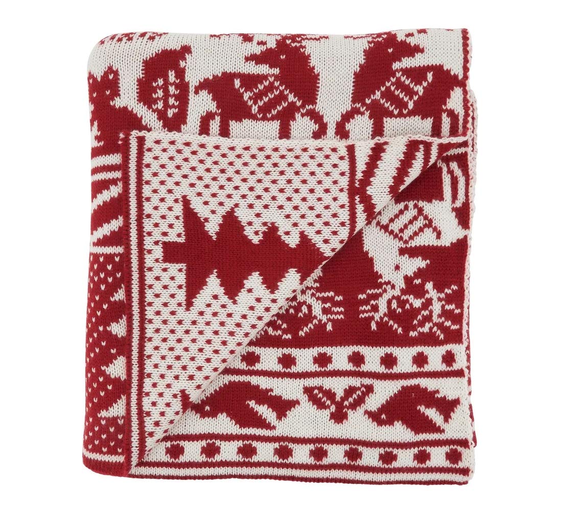 Fennco Styles Reversible Christmas Design Knitted Throw Blanket 50" W x 60" L – Red Blanket for Bed, Couch, Sofa, Home Décor, Ideas