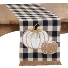 Fennco Styles Buffalo Plaid Harvest Pumpkin Fringe Table Runner 14" W X 72" L - Black & White Traditional Table Cover for Home, Banquets, Thanksgiving, Christmas, Family Gathering and Special Events