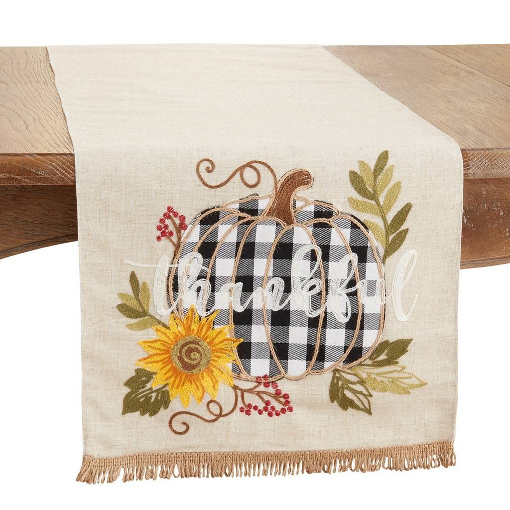 Fennco Styles Thankful Design Plaid Pumpkin Linen Blend Table Runner 16" W X 70" L - Natural Holiday Table Cover for Home Décor, Thanksgiving, Banquets, Family Gatherings and Special Occasions
