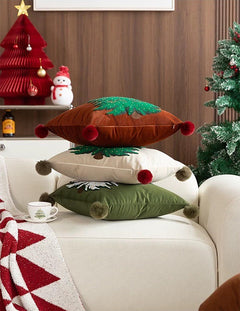 Fennco Styles Embroidered Christmas Tree Pom Pom Throw Pillow Cover 18" W x 18" L - Green Festive Cushion Case for Home, Christmas, Winter Holidays Décor, and Special Occasions