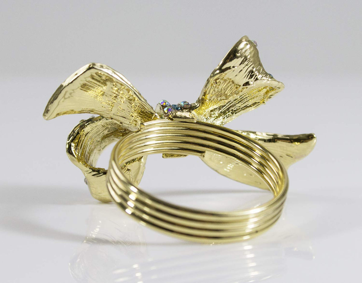 Fennco Styles Stunning Crystal Bowknot Gold-Plated Napkin Rings Wedding Holiday Table Decoration - Set of 4