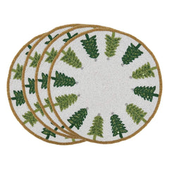 Fennco Style Hand Beaded Christmas Trees Holiday Placemat 15" Round, 1-Piece - Green & White Table Mat for Banquets, Christmas, Special Events and Home Décor