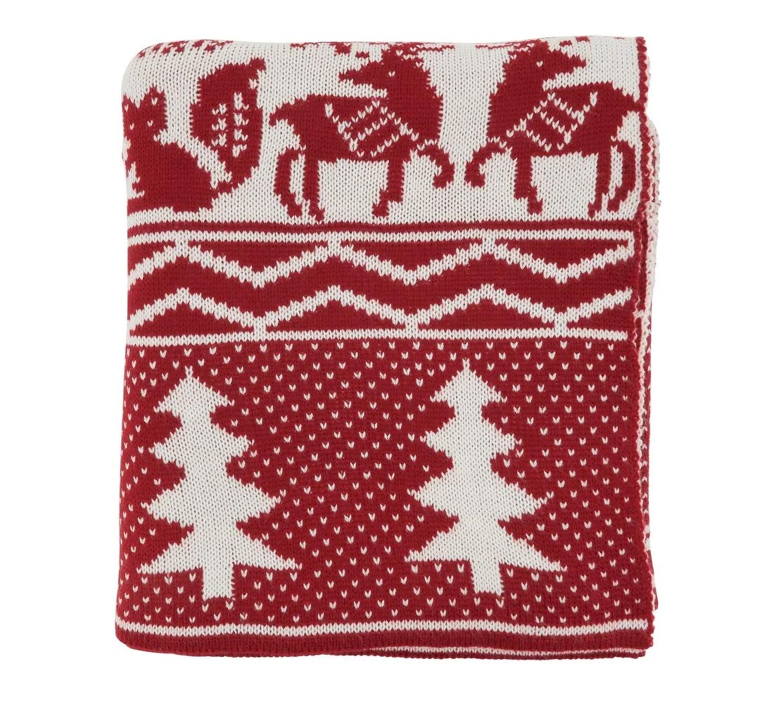 Fennco Styles Reversible Christmas Design Knitted Throw Blanket 50" W x 60" L – Red Blanket for Bed, Couch, Sofa, Home Décor, Ideas