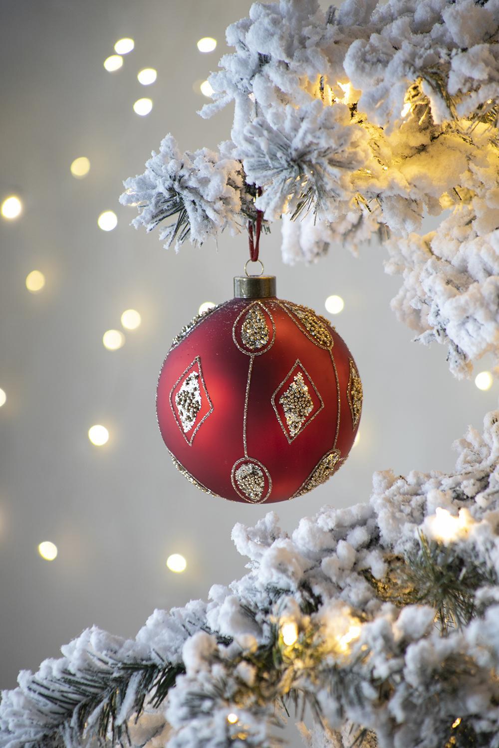Red Glass Christmas Ball Ornaments with Glitter Detail - Red