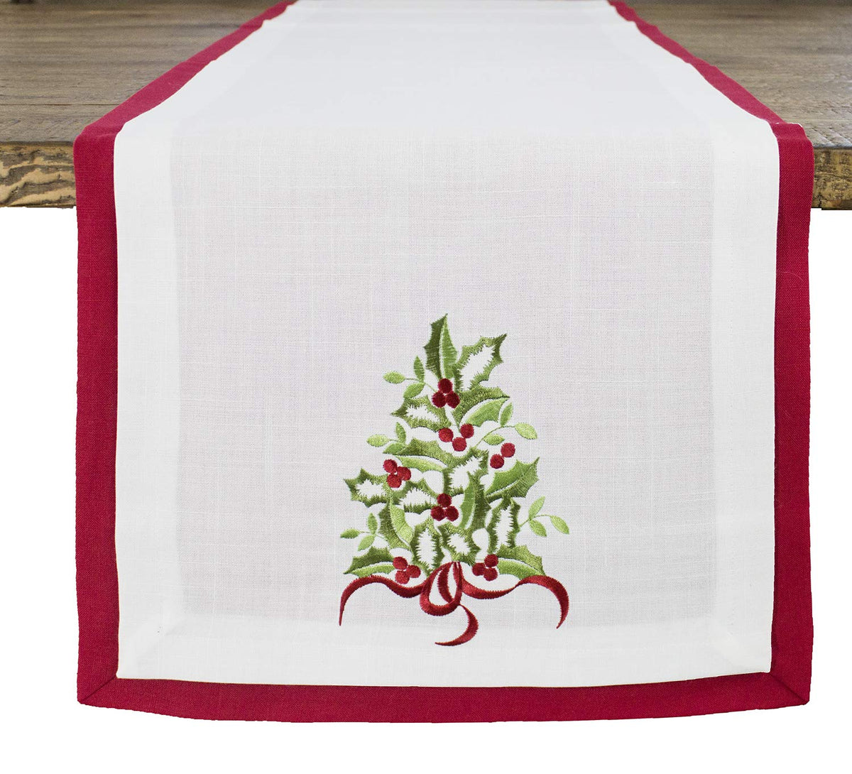 Fennco Styles Embroidered Holly Christmas Tree Double-Layer Holiday Tablecloth