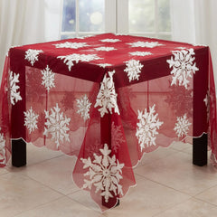 Fennco Styles Du Froid Collection Christmas Embroidery Beaded Snowflake 54 x 54 Inch Tablecloth – Red Table Cover for Holiday Dinner, Family Gathering, Special Events, Home Décor