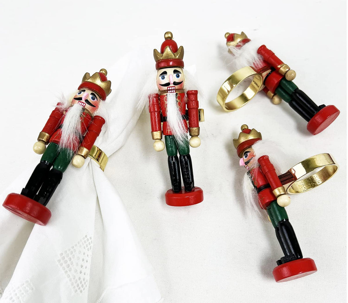 Fennco Styles Handmade Wooden Nutcracker Decorative Napkin Rings, Set of 4 - Festive Soldier Napkin Holders for Dining Table, Christmas, Holidays Décor and Special Occasions