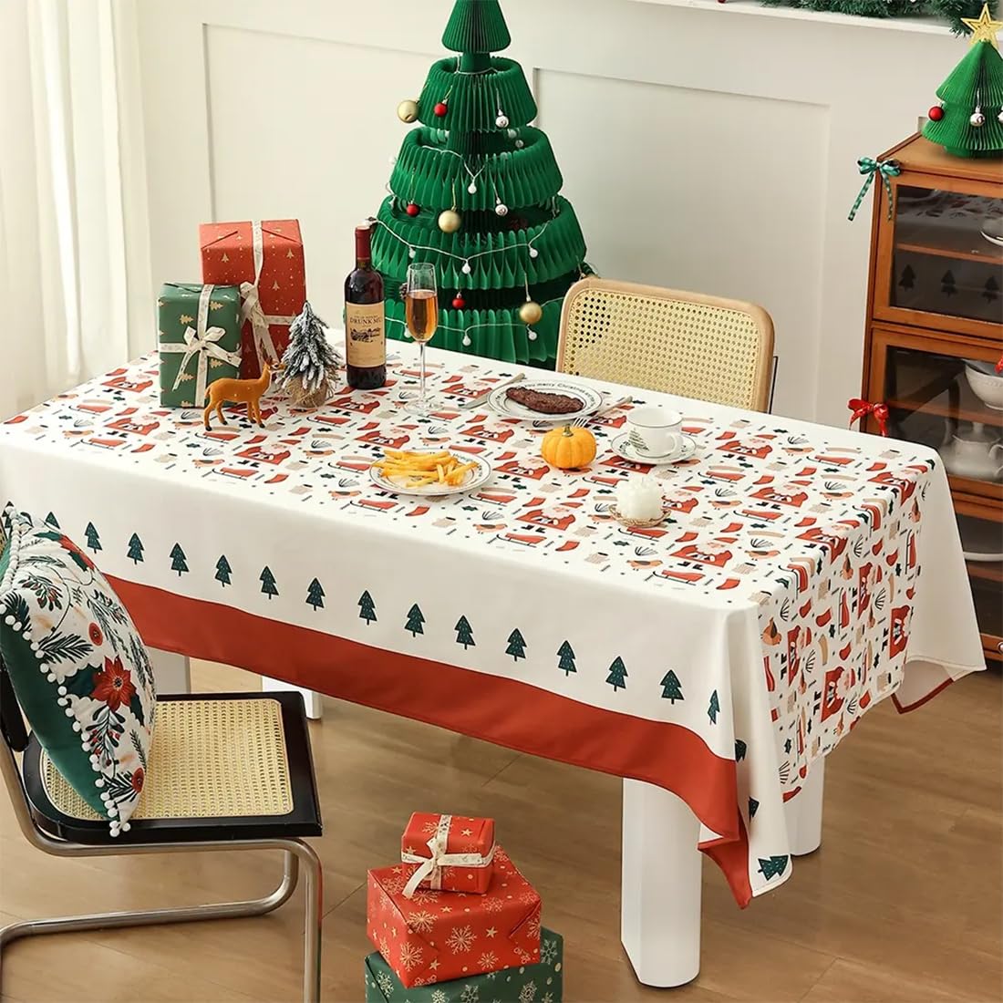 Fennco Styles Santa & Tree Holiday Design Tablecloth 56" W X71 L - Red Christmas Print Festive Table Cover for Christmas Décor, Dining Room, Banquet, Family Gathering and Special Events