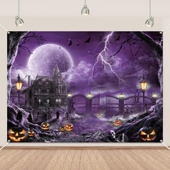 Halloween Backdrop Banner Scary Castle Cemetery Purple Full Moon 7x5Ft