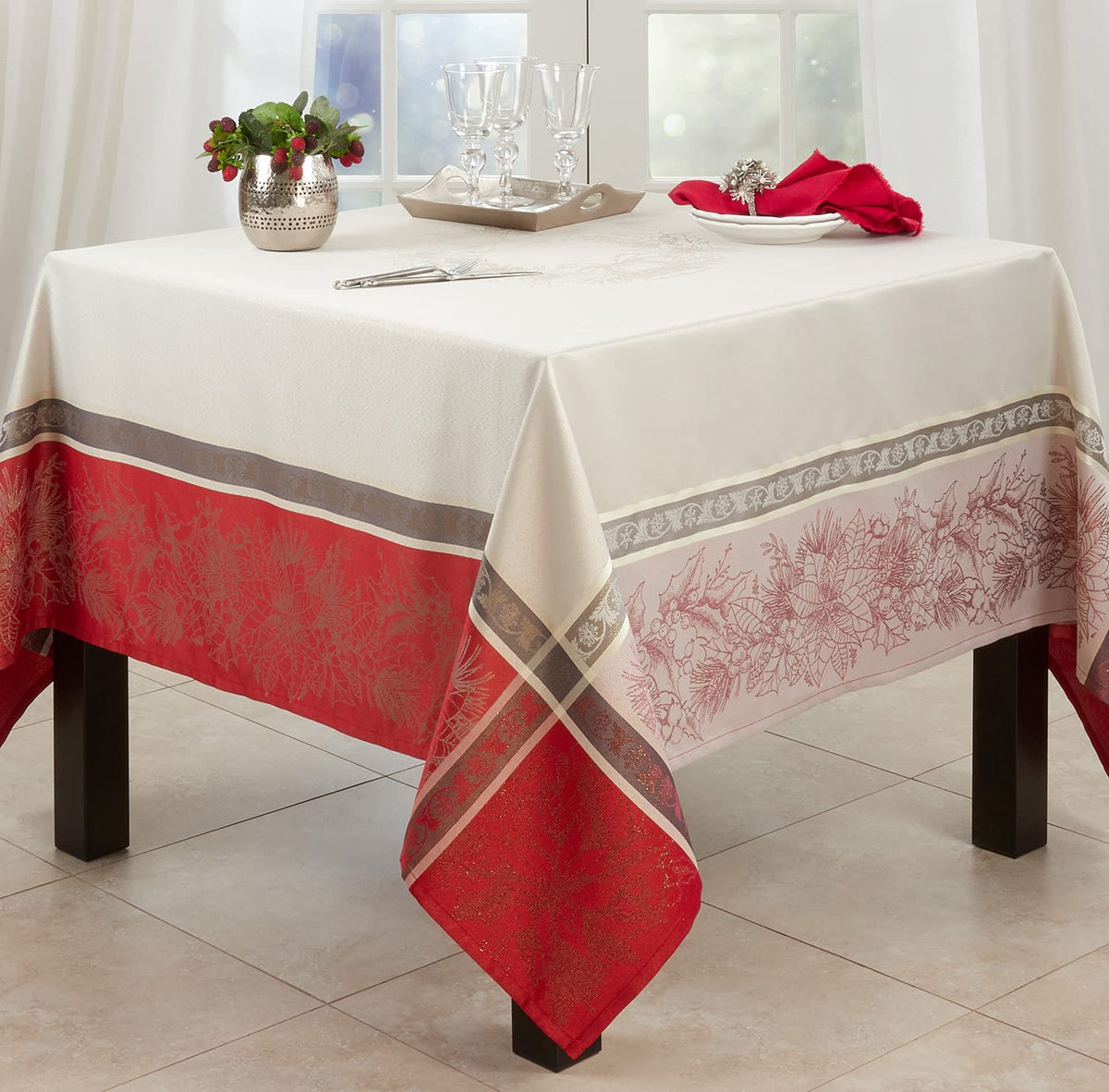 Fennco Styles Holiday Design Jacquard Christmas Tablecloth - Red Table Cover for Home, Dining Table, Banquets, Family Gathering and Special Occasion