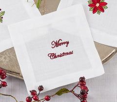 Fennco Styles Embroidered Christmas Cocktail Napkins 6" W x 6" L, Set of 4 - White Cloth Coasters for Dining Table, Family Gatherings, Holidays, Banquets & Home Décor