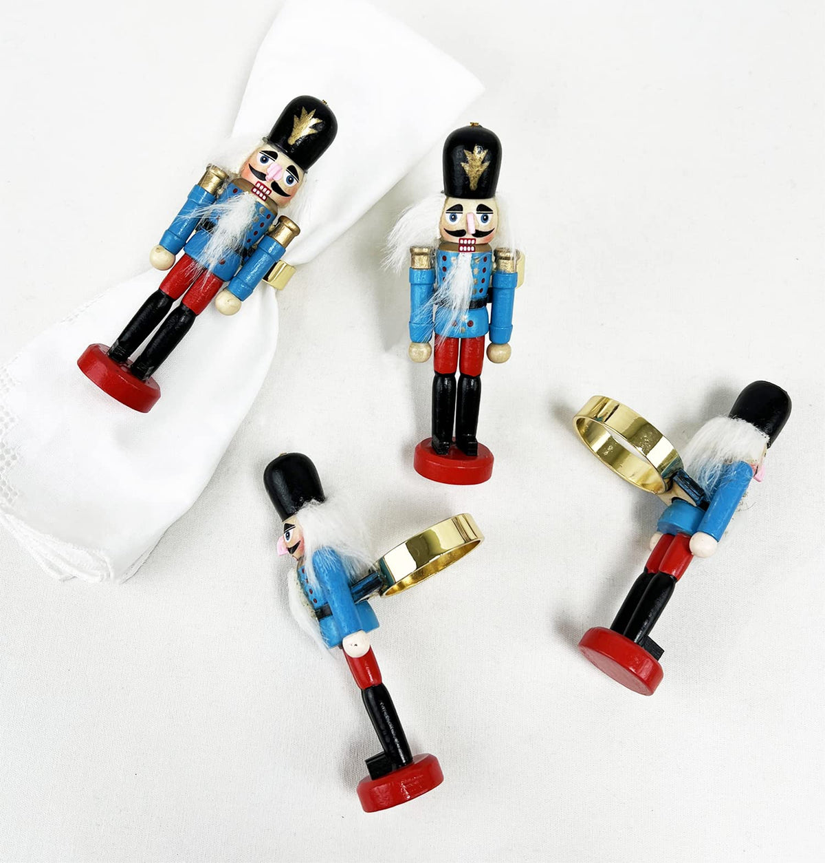 Fennco Styles Handmade Wooden Nutcracker Decorative Napkin Rings, Set of 4 - Festive Soldier Napkin Holders for Dining Table, Christmas, Holidays Décor and Special Occasions