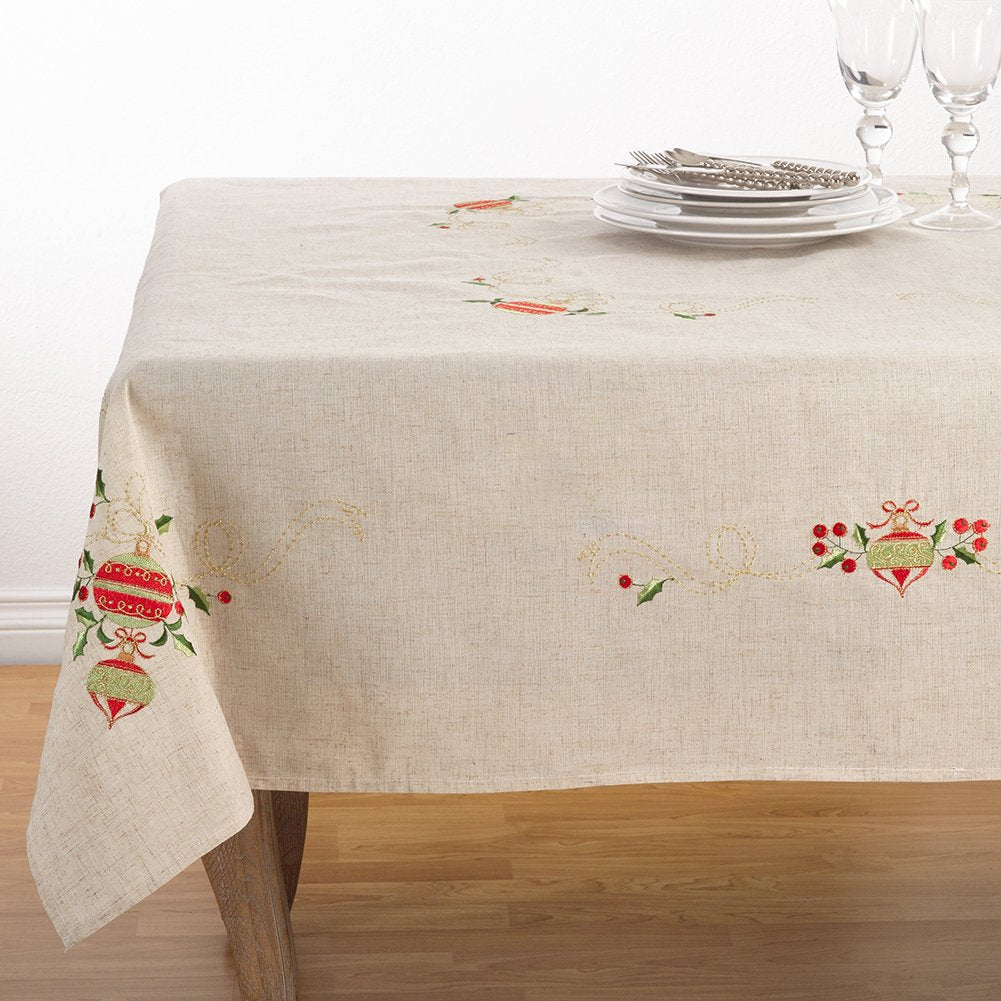 Fennco Styles Embroidered Christmas Tree Design Holiday Linen Blend Tablecloth
