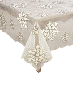 Fennco Styles Du Froid Collection Christmas Embroidery Beaded Snowflake 54 x 54 Inch Tablecloth – Red Table Cover for Holiday Dinner, Family Gathering, Special Events, Home Décor