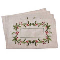 Fennco Styles Embroidered Holly Design Christmas Linen Blend Tablecloth - Natural Table Cover for Home Décor, Banquets, Holiday Gathering and Special Events