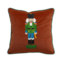 Fennco Styles Embroidered Sequin Nutcracker Velvet Throw Pillow Cover 18" W x 18" L - Green Festive Cushion Case for Home, Christmas, Winter Holidays Décor, and Special Occasions