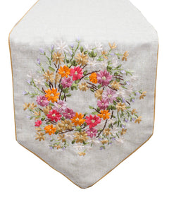 Fennco Styles Handmade Ribbon Embroidery Flower Decorative Linen Table Runner 13 x 72 Inch