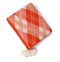 Fall Plaid Knit Throw Blanket with Tassel 50" W x 60" L – Orange Geometric Pattern Lightweight Blanket for Indoor Outdoor, Couch, Bedroom, Living Room and Office Décor