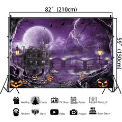 Halloween Backdrop Banner Scary Castle Cemetery Purple Full Moon 7x5Ft