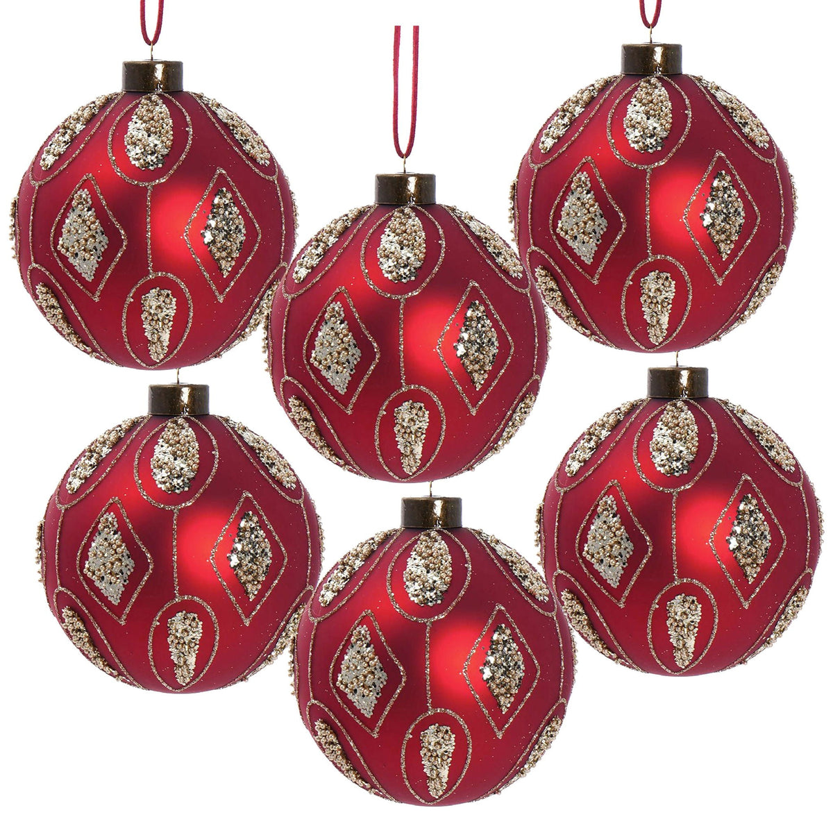 Red Glass Christmas Ball Ornaments with Glitter Detail - Red
