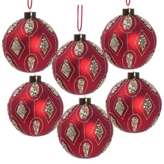 Red Glass Christmas Ball Ornaments with Glitter Detail - Red