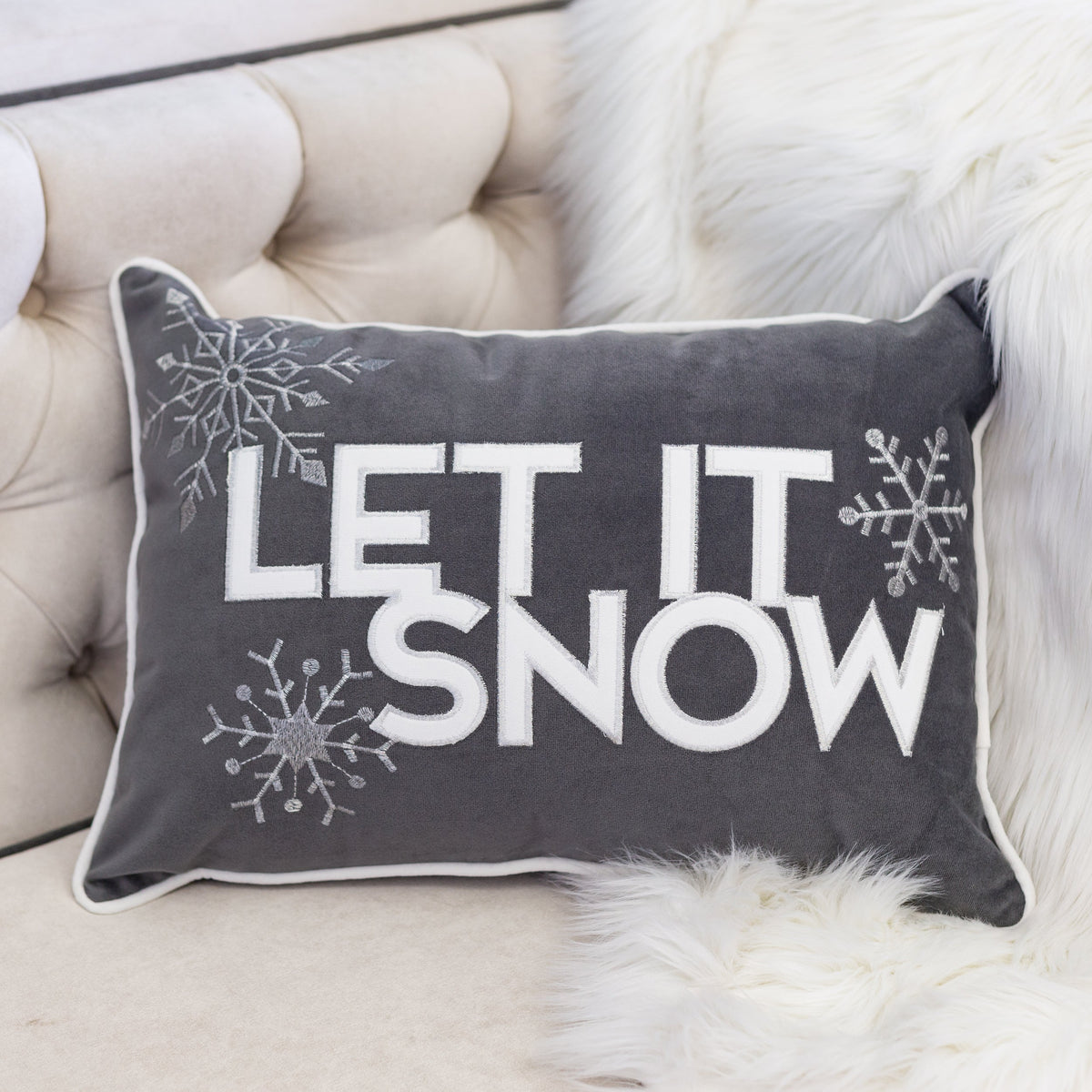Nneka Let It Snow Lumbar Pillow with Embroidered Snowflakes - Gray, White, or Ivory White