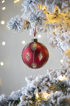 Red Glass Christmas Ball Ornaments with Glitter Detail - Red